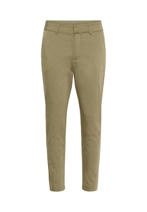 Pantalon longueur genou, fuselé, en tissu vert olive clair, avec devant plat, passants pour ceinture et poches latérales, au toucher lisse.