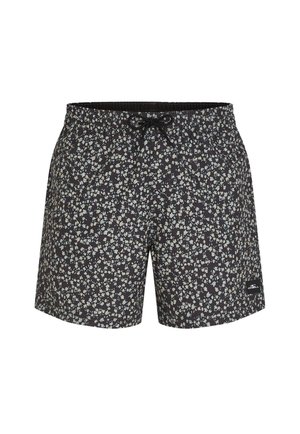 Schwarze Badeshorts mit kleinem weißem und hellblauem Blumenmuster sowie einem schwarzen Kordelzug am elastischen Bund.