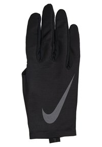 Čierna rukavica Nike s hladkým povrchom, predĺženými prstami a sivým logom swoosh na chrbte. Má dizajn s tesným fitom.