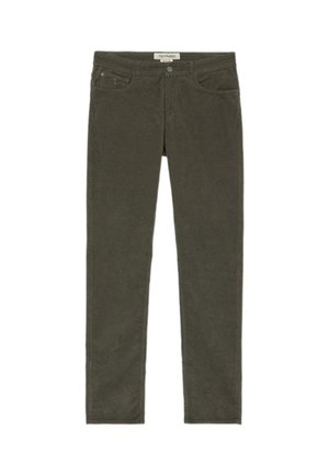 Olivengrøn fløjl bukser med slim fit, der har fem lommer og metal knaplukning. Blød tekstur og subtile lodrette ribber.