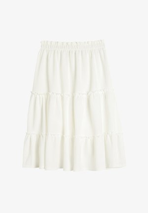 White, tiered skirt with a gathered elastic waistband, featuring a textured fabric and ruffled edges on each tier.