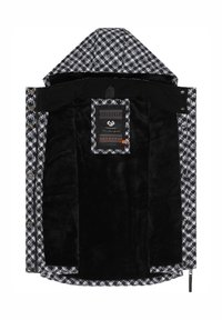 Houndstooth raksts apģērbs ar melnu, mīkstu iekšpusi. Iekļauj kapuci, pogu aizdares un taisnstūra etiķeti ar krāsainiem akcentiem.