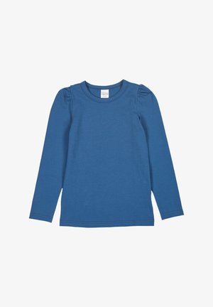 Langärmliges blaues Shirt aus weicher Baumwolle, mit rundem Ausschnitt und rüschenartigen Details an den Schultern, mit eingesäumtem Saum und Bündchen.