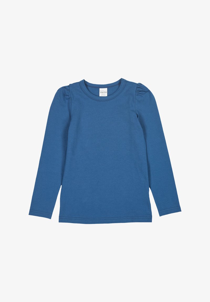 Modrá košile s dlouhým rukávem vyrobená z jemné bavlny, s kulatým výstřihem a nařasením na ramenou, s zakončenými lemy a manžetami.