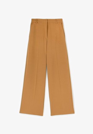 Avokkaat housut lämpimässä ruskeassa sävyssä, joissa on sileä pinta, kaksi etutaskua ja tasainen etu, jossa on hillitty ompeluyksityiskohta vyötäröllä.