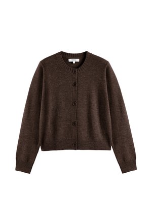 Cardigan a maglia marrone con collo tondo, chiusura a bottoni sul davanti, maniche lunghe e polsini e orlo a coste. Realizzato in materiale morbido e caldo.