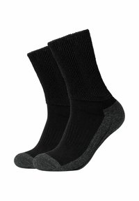 Schwarze Baumwollsocken im Crew-Style mit gerippter Textur, ausgestattet mit einem kontrastierenden grauen Fersen- und Zehenbereich. Entworfen für Komfort und Langlebigkeit.