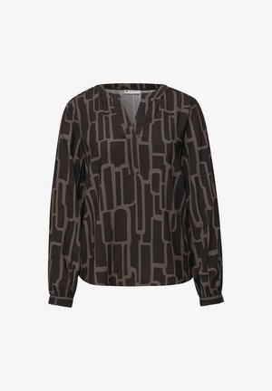 Maglione nero con scollo a V e maniche lunghe, caratterizzato da un motivo geometrico in grigio scuro. Tessuto leggero con vestibilità rilassata.