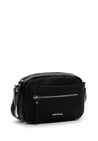 Black crossbody bag made of textured leather, featuring a front zip pocket and gold-tone hardware. Adjustable strap with contrasting accents.