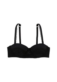 Soutien-gorge noir avec des accents en dentelle, des coques moulées et des bretelles réglables. Tissu lisse avec un design structuré et un détail en nœud au centre.