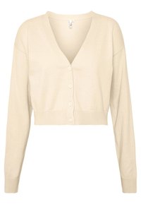 Avskuren beige kofta med djup V-ringning, långa ärmar och sex framknappar. Mjuk stickad textur och ribbad nederkant.