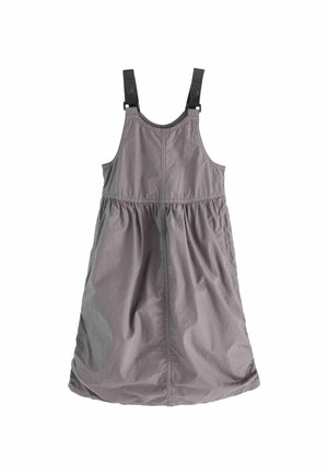 Robe gris sans manches avec taille froncée et bretelles noires réglables avec fermetures à bouton aux épaules.