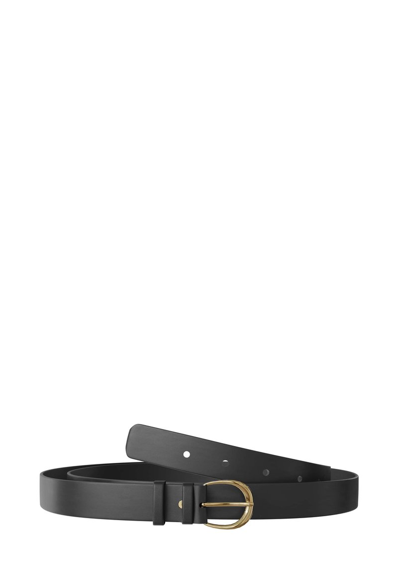 Black leather belt with a smooth finish, featuring a gold-tone round buckle and several holes for adjustable sizing. Flat, slender design.