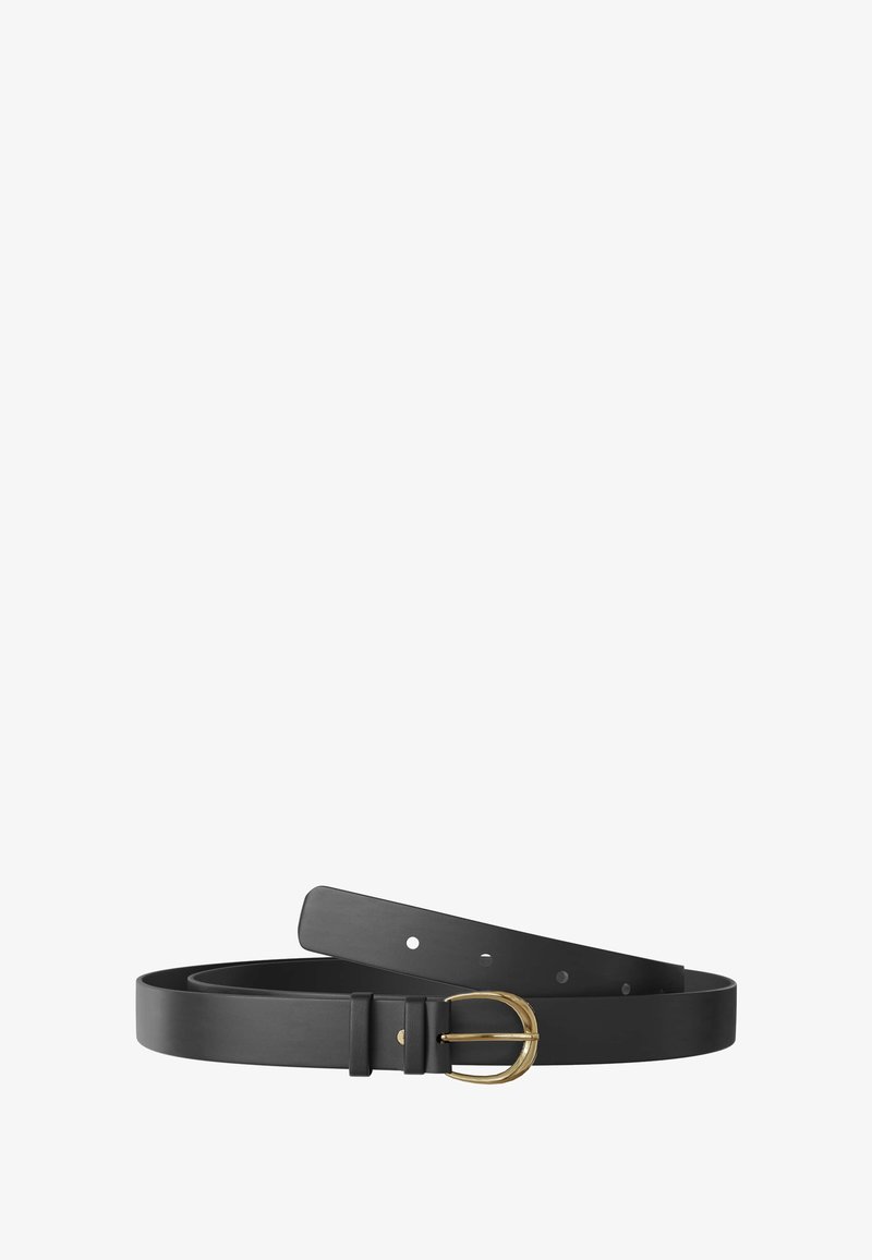 Black leather belt with a smooth finish, featuring a gold-tone round buckle and several holes for adjustable sizing. Flat, slender design.