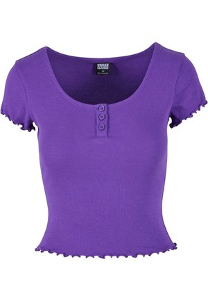 Lila geripptes Kurzarm-Crop-Top mit drei Knöpfen vorne, Salatkante am Saum und an den Ärmeln, rundem Ausschnitt, Größe XS.