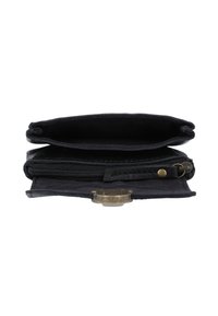 Black leather wallet featuring a textured surface, multiple compartments, a zippered section, and a decorative metal button clasp.