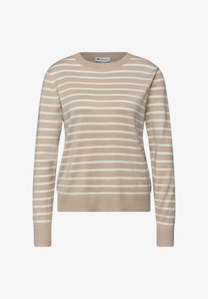 Beiger und weiß gestreifter Strickpullover mit langen Ärmeln und rundem Ausschnitt. Verfügt über einen gerippten Saum und Bündchen für eine enganliegende Passform.