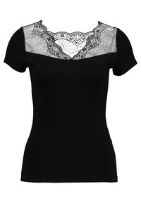 Schwarzes T-Shirt mit kurzen Ärmeln, das am Ausschnitt mit Spitze verziert ist, in einer figurschmeichelnden Passform und weichem Material.