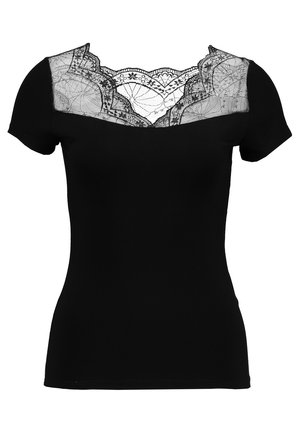 Zwart T-shirt met korte mouwen featuring een kantdetail bij de hals, met een strakke pasvorm en een zachte textuur.