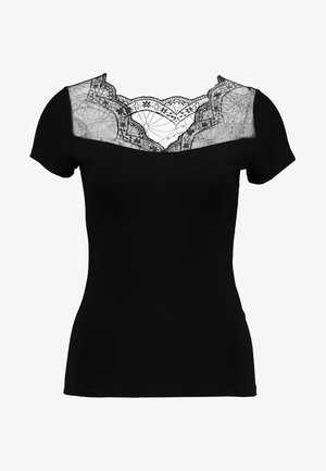 Zwart T-shirt met korte mouwen featuring een kantdetail bij de hals, met een strakke pasvorm en een zachte textuur.
