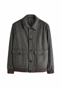 Men’s button-up wool-blend jacket with small checkered pattern, two front pockets with buttons, and ribbed cuffs and hem in dark brown.