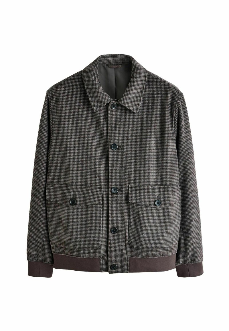 Men’s button-up wool-blend jacket with small checkered pattern, two front pockets with buttons, and ribbed cuffs and hem in dark brown.