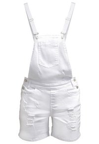 Salopette en denim blanc avec bretelles réglables, poche poitrine avant, boutons sur les côtés et détails déchirés sur les jambes.