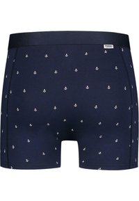 Boxeri din bumbac navy cu modele mici de ancore albe, având un talie moale și un design ajustat pentru confort.