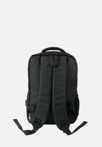 Black backpack with padded shoulder straps, a top handle, and a textured fabric. Features adjustable straps and minimal hardware.
