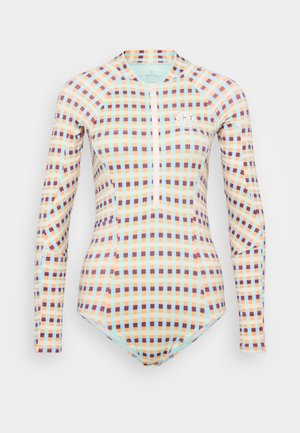 Langermet badedrakt i et flerfarget rutete mønster med blå, oransje og brun, med glidelås foran og rund hals.