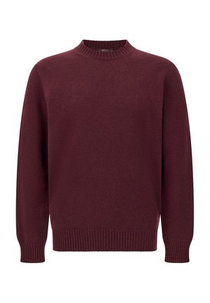 Bordeaux gebreide trui met een ronde hals, lange mouwen, en geribbelde boorden en zoom. Gladde textuur met een klassieke pasvorm.