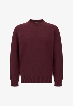 Burgundský pletený svetr s kulatým výstřihem, dlouhými rukávy a žebrovanými lemy na rukávech a spodním okraji. Hladká textura s klasickým střihem.