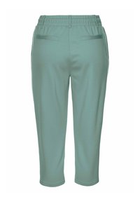 Pantalones deportivos verde menta con cintura elástica, dos bolsillos laterales y rayas en los lados. Hechos de una tela suave y lisa con un corte ajustado.