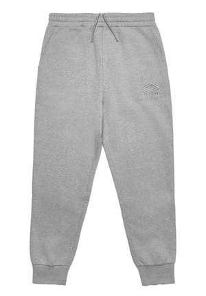 Pantalons de survêtement gris en tissu doux, avec une taille élastique et un cordon de serrage, des chevilles élastiquées et un petit logo brodé à l'avant.