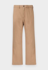 Χακί chinos με ίσια γραμμή, κατασκευασμένα από βαμβακερό τουίλ, με κουμπωτό κλείσιμο και θηλιές για ζώνη, απλή υφή και χωρίς ορατά σχέδια.