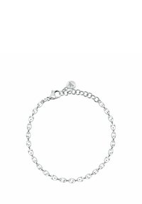 Bracciale in argento con maglie ovali, dotato di chiusura a gancio e un piccolo pendente con logo. Superficie liscia con finitura lucida.