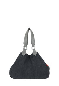 Borsa in tessuto grigio scuro con manici in pelle grigia liscia, fondo arrotondato, dettagli in metallo argentato e un piccolo particolare rosso sul lato.