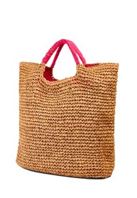 Borsa a tracolla in paglia intrecciata con manici rosa, caratterizzata da una superficie texturizzata e apertura superiore. Fodera interna di un colore a contrasto.