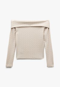 Pitkähihainen off-the-shoulder-paita, joka on valmistettu teksturoidusta beigestä kankaasta. Paita on vartaloa myötäilevä ja siinä on ribbireunukset kauluksessa ja hihoissa.