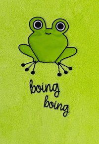 Grüner, plüschiger Stoff mit einem Froschdesign und großen Augen, ergänzt durch schwarze Akzente und gesticktem Text mit der Aufschrift "boing boing".