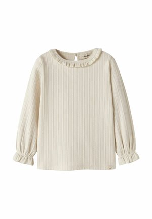 T-shirt bébé crème à manches longues côtelé avec col à volants et poignets élastiques, en tissu doux avec fines rayures verticales.