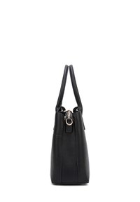 Black leather handbag with a textured surface, tapered shape, dual handles, and a gold hardware accent near the zipper closure.