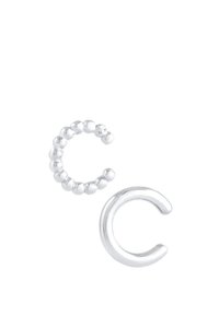 Zwei silberne Ohrcuffs: einer mit einem Perlenmuster und der andere in einer glatten, geschwungenen Form. Beide haben ein glänzendes metallisches Finish.