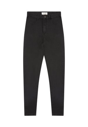 Czarne dżinsy slim-fit z wysokim stanem, pięcioma kieszeniami i zapięciem na guzik z przodu. Wykonane z dżinsowej tkaniny o gładkiej fakturze.