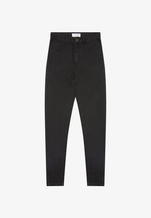 Czarne dżinsy slim-fit z wysokim stanem, pięcioma kieszeniami i zapięciem na guzik z przodu. Wykonane z dżinsowej tkaniny o gładkiej fakturze.