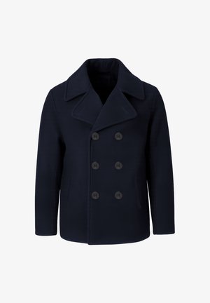 Navy blue double-breasted pea coat with wide lapels, six black buttons, and side pockets on a white background.