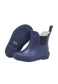 Marineblaue Gummistiefel mit strukturiertem Profil, elastischen Seitenteilen und Zuglaschen für einfaches Anziehen. Glatte Oberfläche mit abgerundeter Zehenform.