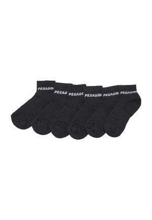 Six pairs of black ankle socks with white text "PEGADOR" on the cuffs, arranged side by side on a white background.