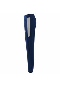 Marine sportbroeken met een grijze zijpaneel, koordsluiting op de taille en ritsen op de enkels. Gemaakt van lichtgewicht, flexibele materialen.
