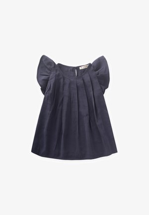 Navy blue cotton-blend top with pleated front, short puff sleeves, and a rounded neckline. Features a back opening with a button closure.